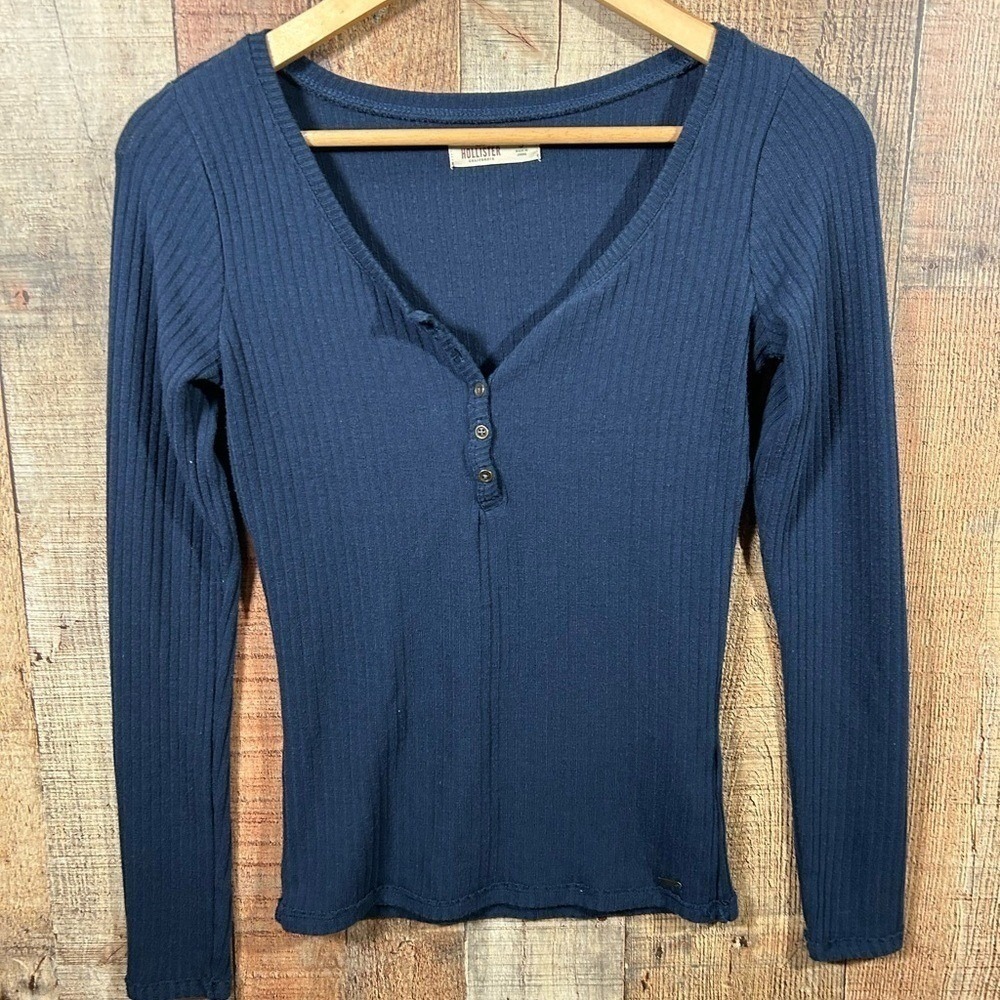Hollister Y2K Ribbed Henley Top Navy Blue Long Sleeve Fitted Small Shirt Indie